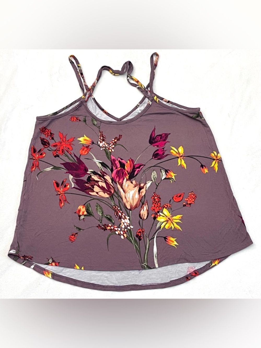 Papermoon Women’s Mauve Floral Print Purple Yellow Spaghetti Strap Tank Top - Picture 14 of 16
